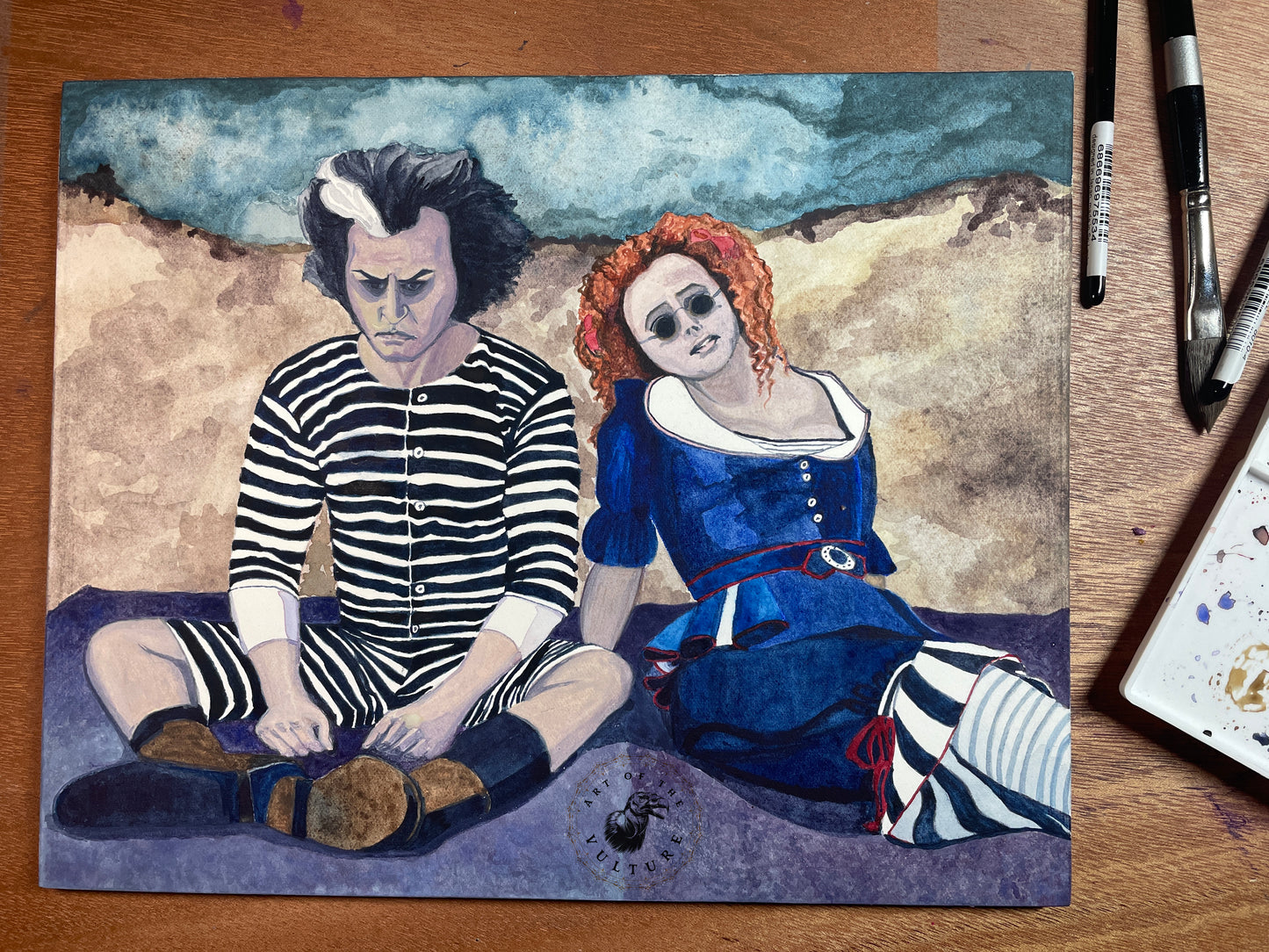 Beach Goths |Sweeney Todd| Original Watercolor Painting FRAMED